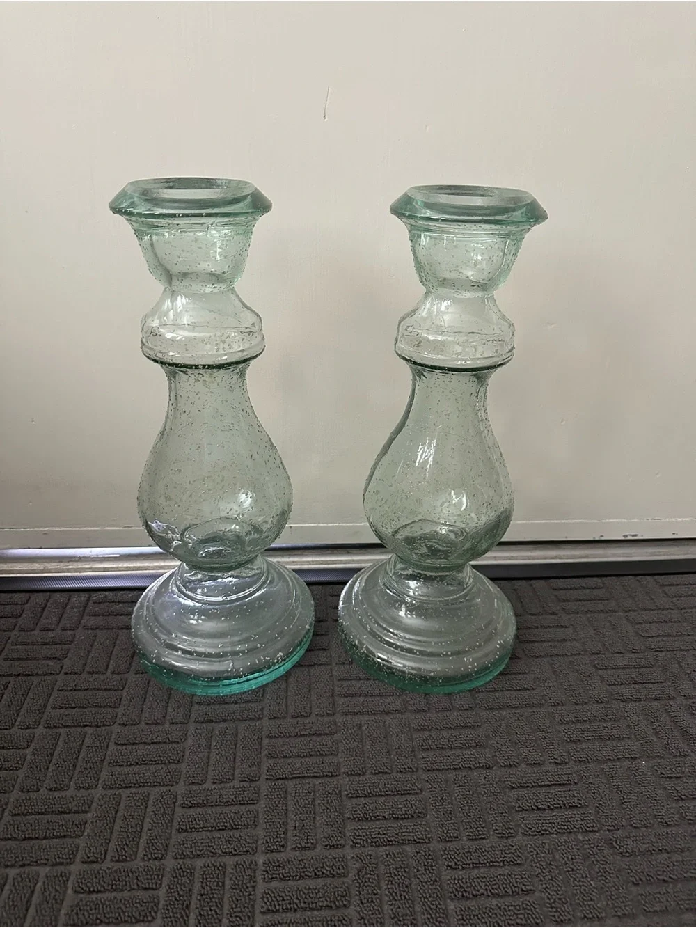 Clear Green Glass Pair Candle Holders - Home Accents